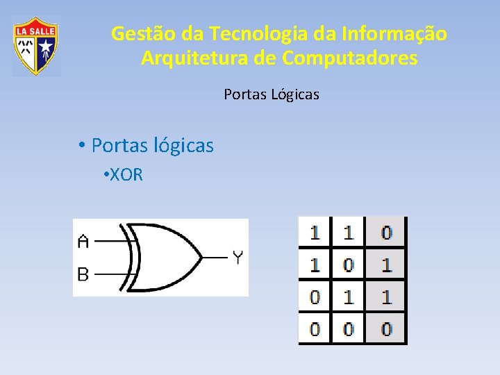 Gestão da Tecnologia da Informação Arquitetura de Computadores Portas Lógicas • Portas lógicas •