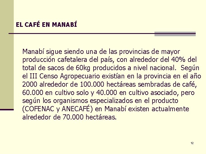 EL CAFÉ EN MANABÍ Manabí sigue siendo una de las provincias de mayor producción