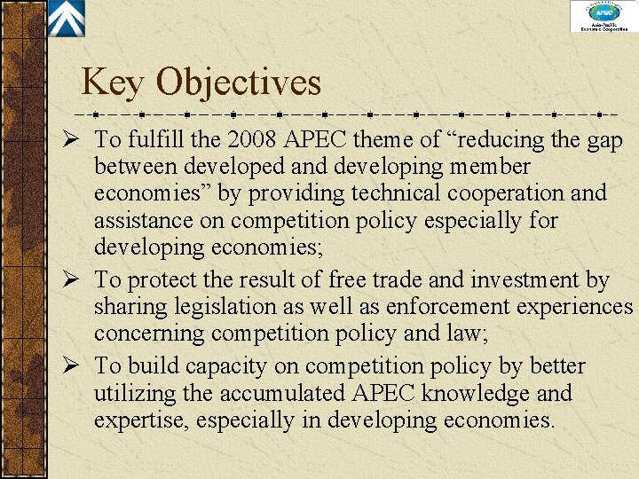 Key Objectives Ø To fulfill the 2008 APEC theme of “reducing the gap between