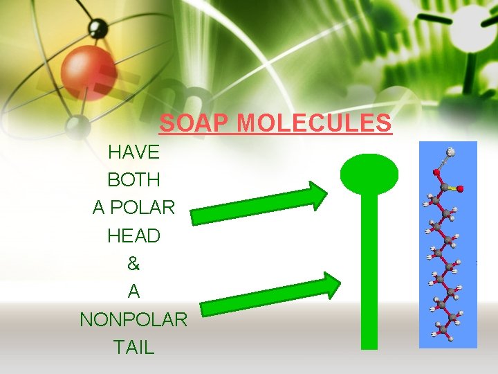 SOAP MOLECULES HAVE BOTH A POLAR HEAD & A NONPOLAR TAIL 
