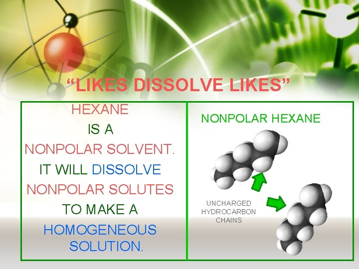 “LIKES DISSOLVE LIKES” HEXANE IS A NONPOLAR SOLVENT. IT WILL DISSOLVE NONPOLAR SOLUTES TO