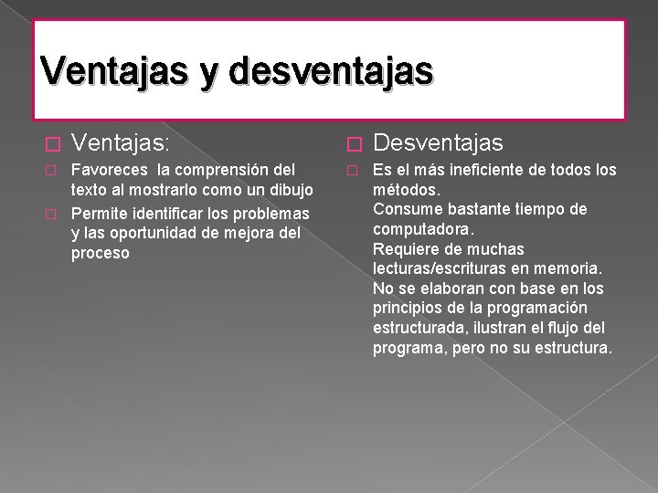 Ventajas y desventajas � Ventajas: Favoreces la comprensión del texto al mostrarlo como un