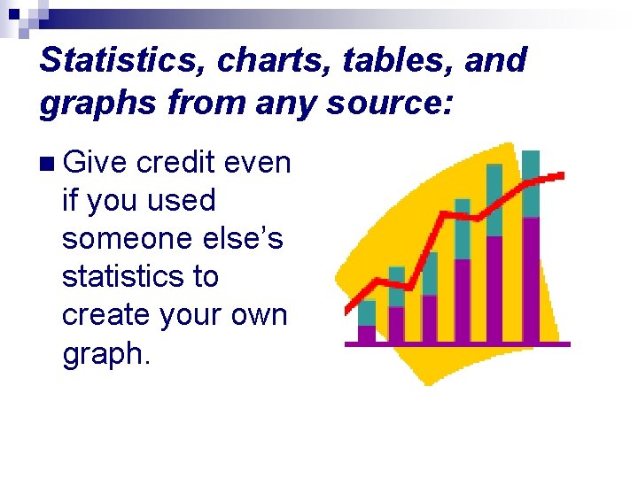 Statistics, charts, tables, and graphs from any source: n Give credit even if you