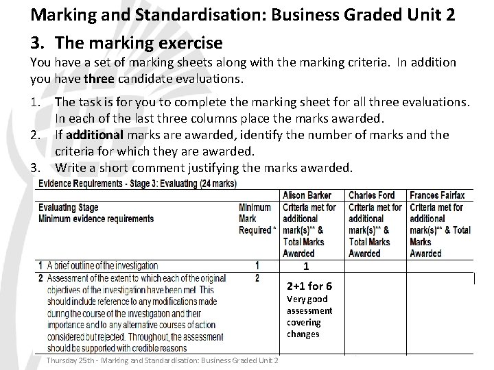 Marking and Standardisation: Business Graded Unit 2 3. The marking exercise You have a