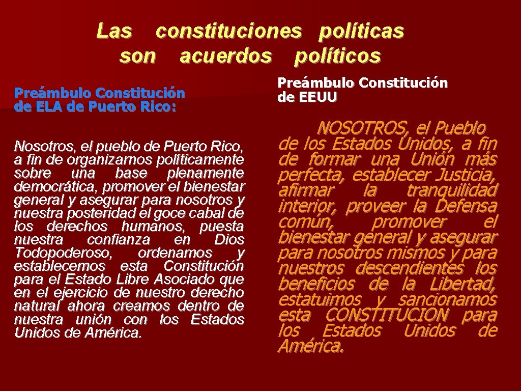 Las constituciones políticas son acuerdos políticos Preámbulo Constitución de ELA de Puerto Rico: Nosotros,