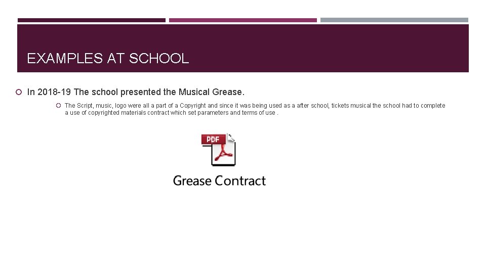 EXAMPLES AT SCHOOL In 2018 -19 The school presented the Musical Grease. The Script,