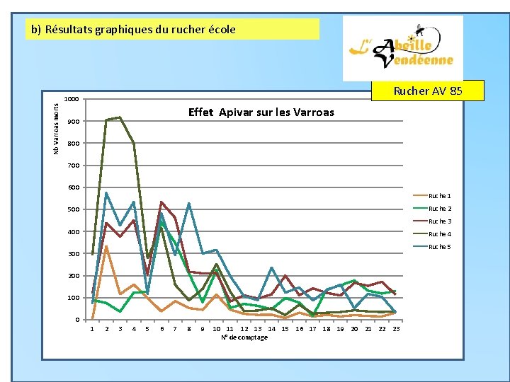 b) Résultats graphiques du rucher école Rucher AV 85 Nb Varroas morts 1000 Effet