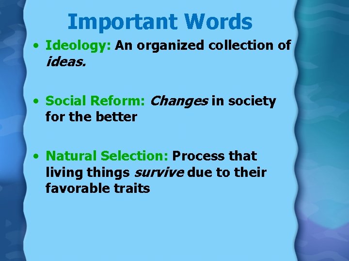 Important Words • Ideology: An organized collection of ideas. • Social Reform: Changes in