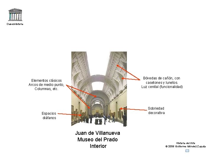 Claseshistoria Bóvedas de cañón, con casetones y lunetos. Luz cenital (funcionalidad) Elementos clásicos Arcos