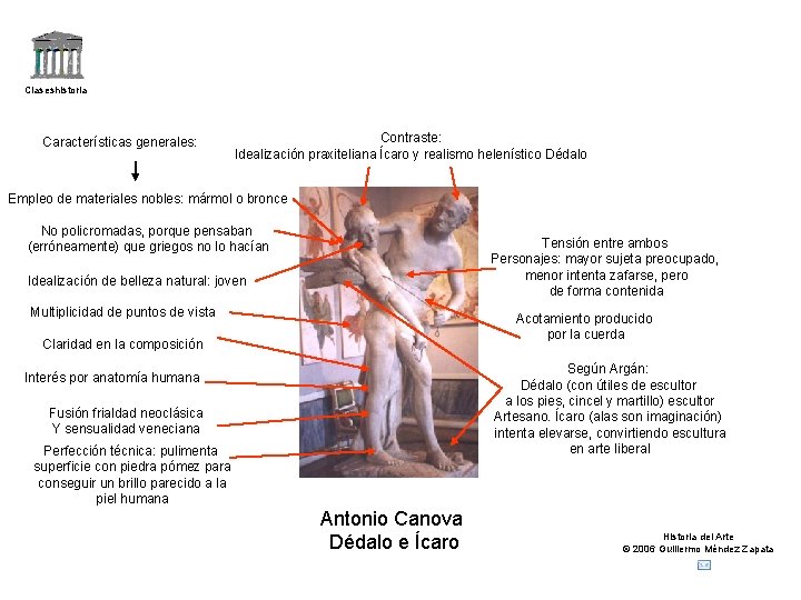 Claseshistoria Características generales: Contraste: Idealización praxiteliana Ícaro y realismo helenístico Dédalo Empleo de materiales