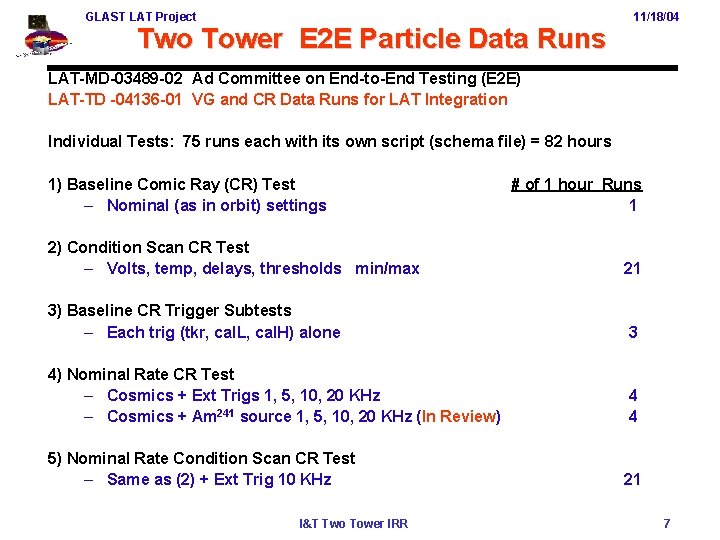 GLAST LAT Project Two Tower E 2 E Particle Data Runs 11/18/04 LAT-MD-03489 -02