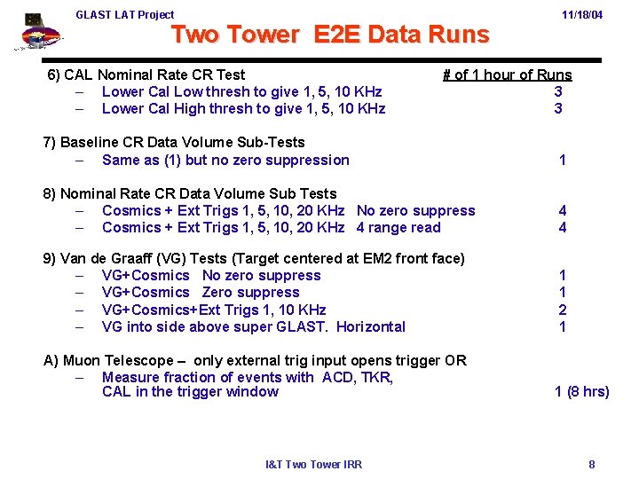 GLAST LAT Project Two Tower E 2 E Data Runs 6) CAL Nominal Rate