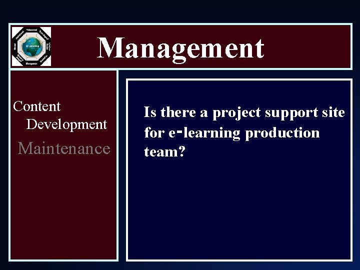 Management Content Development Maintenance Is there a project support site for e‑learning production team?