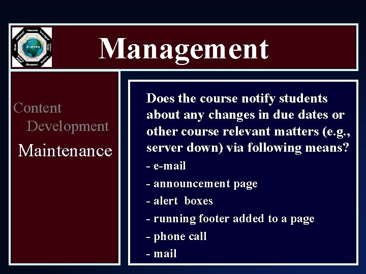 Management Content Development Maintenance Does the course notify students about any changes in due