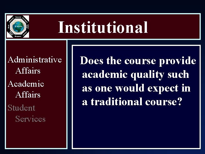 Institutional Administrative Affairs Academic Affairs Student Services Does the course provide academic quality such