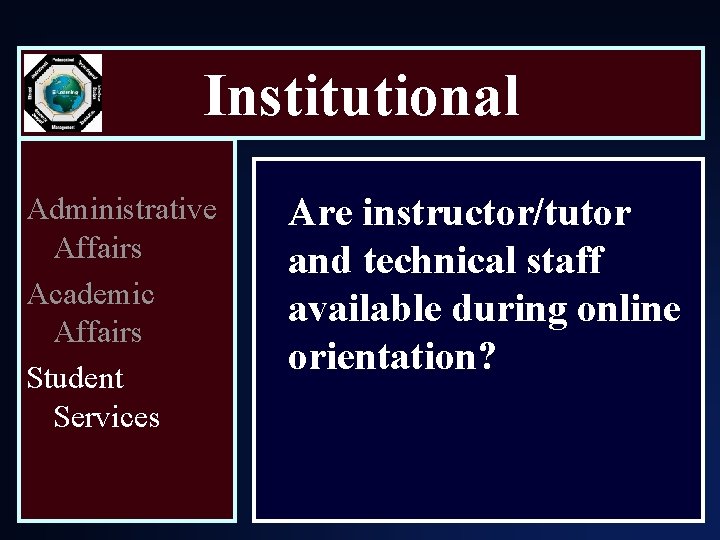 Institutional Administrative Affairs Academic Affairs Student Services Are instructor/tutor and technical staff available during