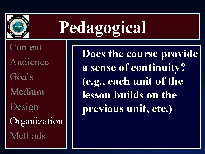 Pedagogical Content Audience Goals Medium Design Organization Methods • Does the course provide a