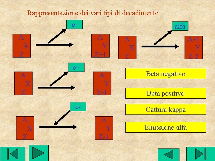 Rappresentazione dei vari tipi di decadimento e. A X Z alfa A Y Z+1