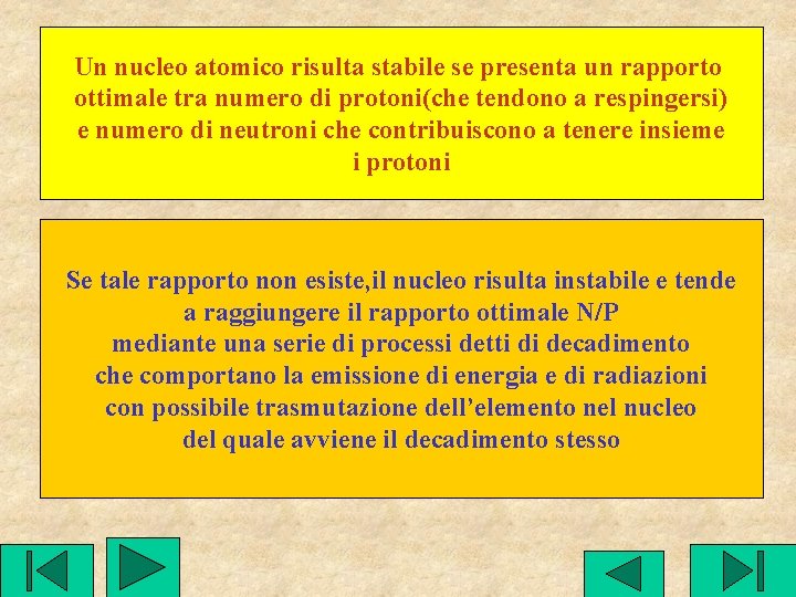 Un nucleo atomico risulta stabile se presenta un rapporto ottimale tra numero di protoni(che