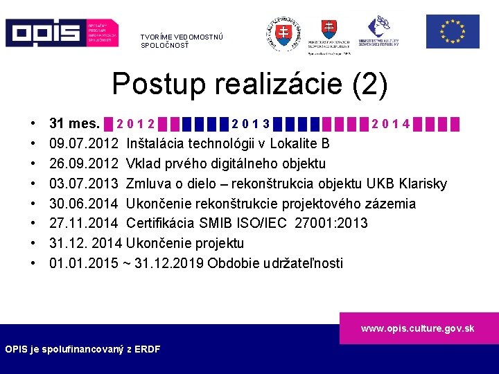 TVORÍME VEDOMOSTNÚ SPOLOČNOSŤ Postup realizácie (2) • • 31 mes. █ 2 0 1