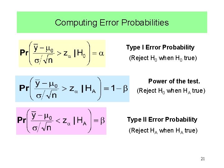 Computing Error Probabilities Type I Error Probability (Reject H 0 when H 0 true)