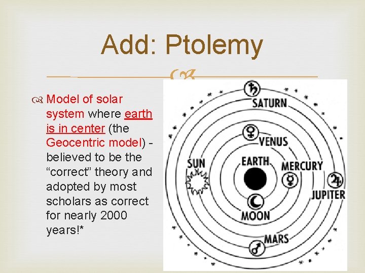 Add: Ptolemy Model of solar system where earth is in center (the Geocentric model)