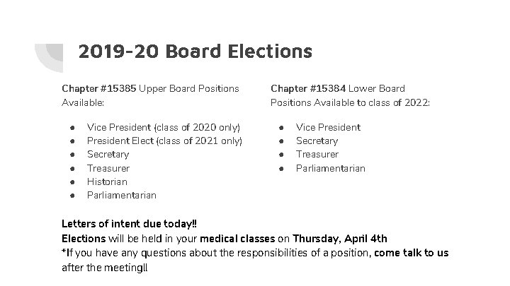 2019 -20 Board Elections Chapter #15385 Upper Board Positions Available: ● ● ● Vice