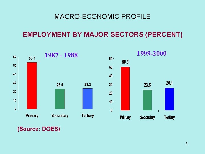 MACRO-ECONOMIC PROFILE EMPLOYMENT BY MAJOR SECTORS (PERCENT) 1987 - 1988 1999 -2000 (Source: DOES) MACRO-ECONOMIC PROFILE EMPLOYMENT BY MAJOR SECTORS (PERCENT) 1987 - 1988 1999 -2000 (Source: DOES)