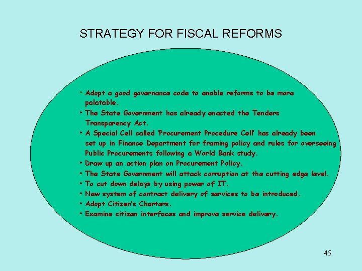 STRATEGY FOR FISCAL REFORMS • Adopt a good governance code to enable reforms to