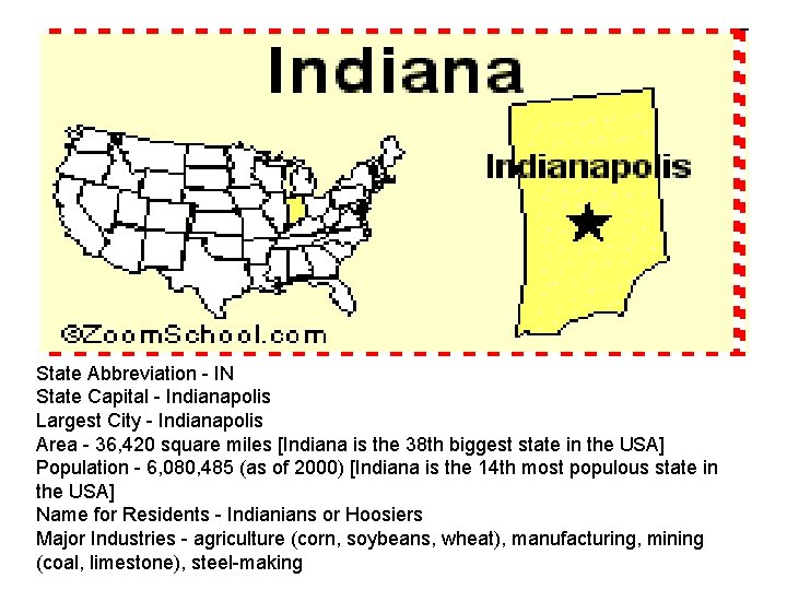 State Abbreviation - IN State Capital - Indianapolis Largest City - Indianapolis Area -