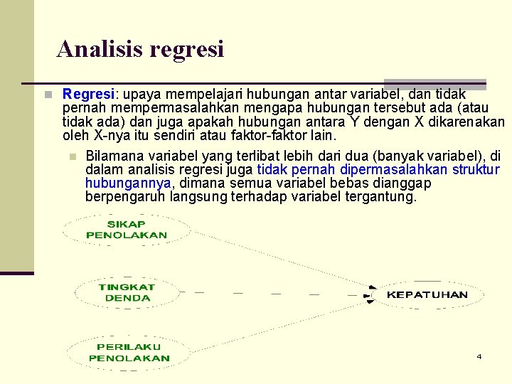 Analisis regresi n Regresi: upaya mempelajari hubungan antar variabel, dan tidak pernah mempermasalahkan mengapa