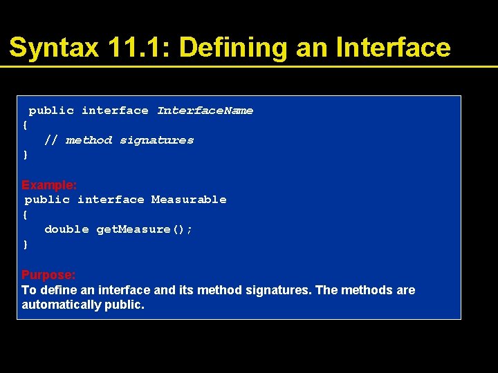 Syntax 11. 1: Defining an Interface public interface Interface. Name { // method signatures