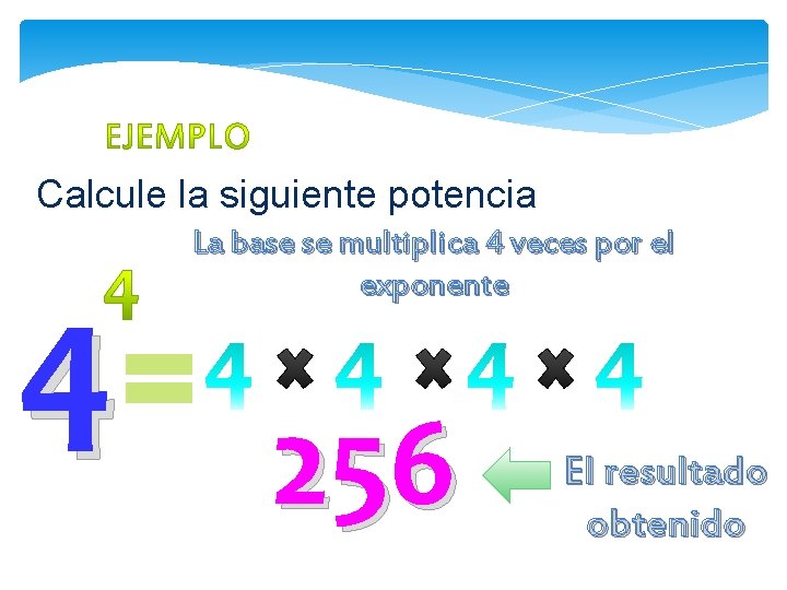 Calcule la siguiente potencia 4 La base se multiplica 4 veces por el exponente