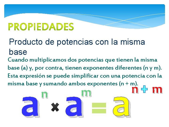 Producto de potencias con la misma base Cuando multiplicamos dos potencias que tienen la