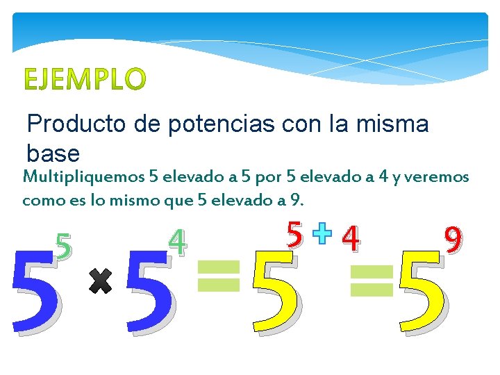 Producto de potencias con la misma base Multipliquemos 5 elevado a 5 por 5