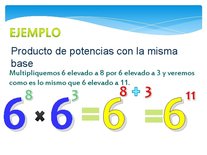 Producto de potencias con la misma base Multipliquemos 6 elevado a 8 por 6