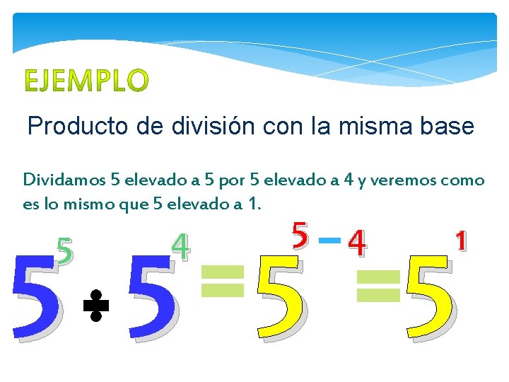 Producto de división con la misma base Dividamos 5 elevado a 5 por 5