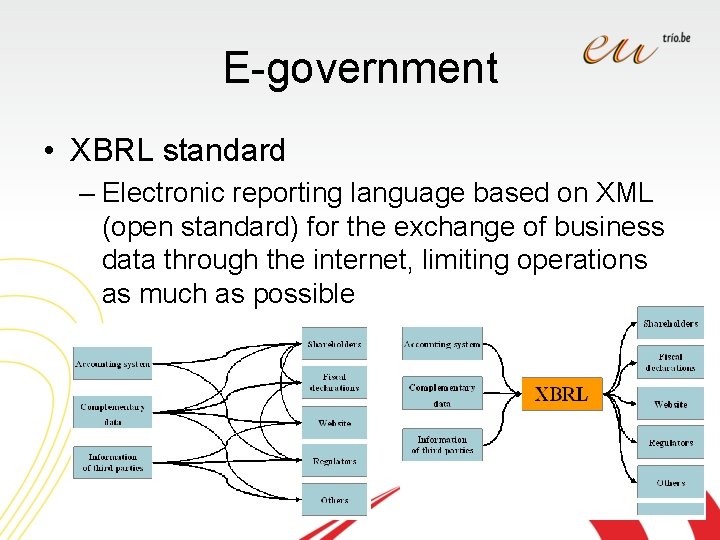E-government • XBRL standard – Electronic reporting language based on XML (open standard) for