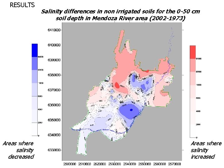 RESULTS Areas where salinity decreased Salinity differences in non irrigated soils for the 0