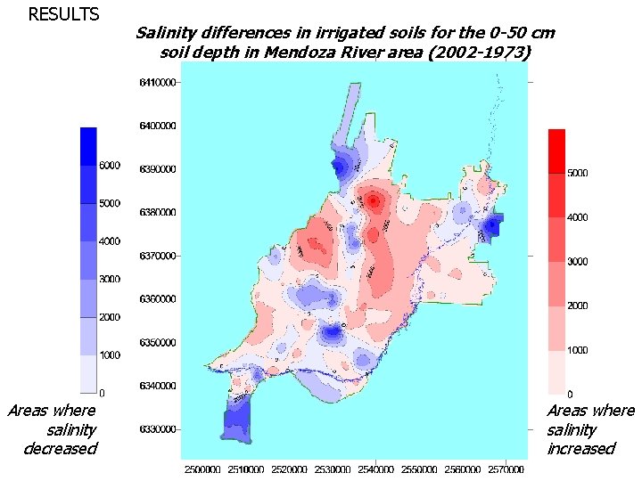 RESULTS Areas where salinity decreased Salinity differences in irrigated soils for the 0 -50