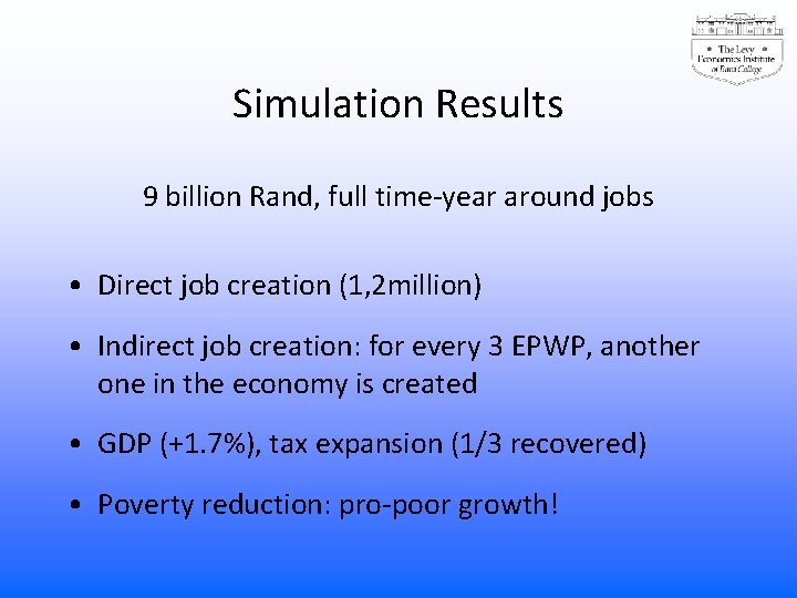 Simulation Results 9 billion Rand, full time-year around jobs • Direct job creation (1,