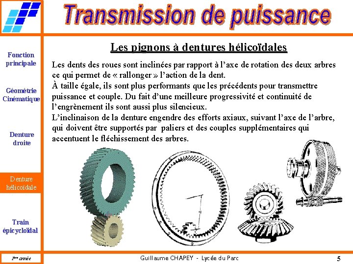 Fonction principale Géométrie Cinématique Denture droite Les pignons à dentures hélicoïdales Les dents des Fonction principale Géométrie Cinématique Denture droite Les pignons à dentures hélicoïdales Les dents des
