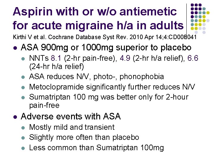 Aspirin with or w/o antiemetic for acute migraine h/a in adults Kirthi V et