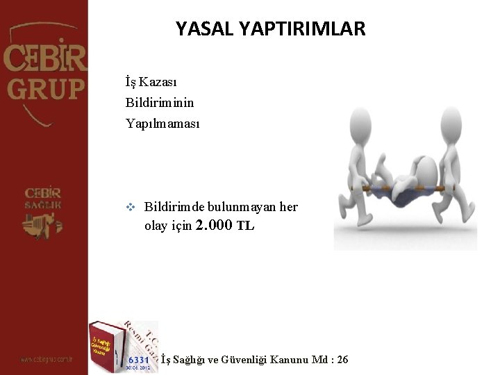 YASAL YAPTIRIMLAR İş Kazası Bildiriminin Yapılmaması v Bildirimde bulunmayan her olay için 2. 000