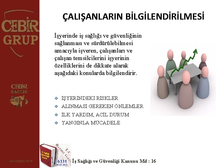 ÇALIŞANLARIN BİLGİLENDİRİLMESİ İşyerinde iş sağlığı ve güvenliğinin sağlanması ve sürdürülebilmesi amacıyla işveren, çalışanları ve