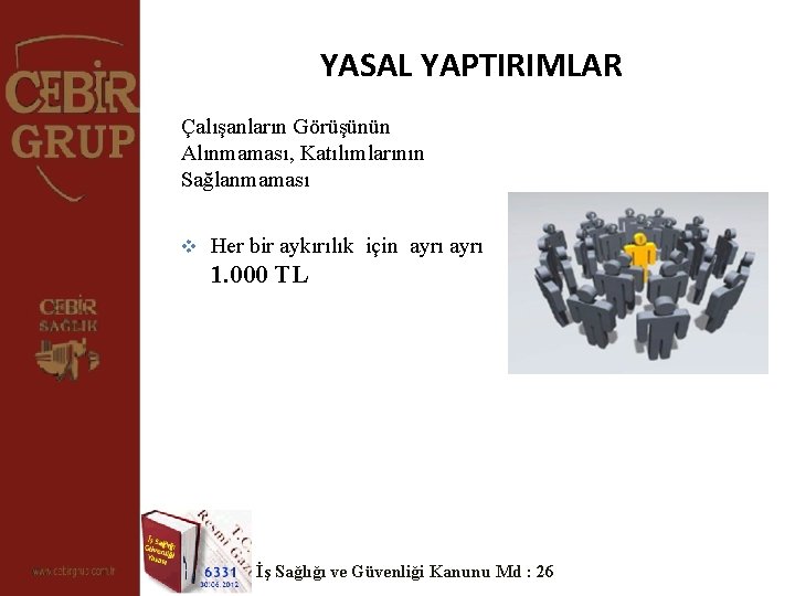 YASAL YAPTIRIMLAR Çalışanların Görüşünün Alınmaması, Katılımlarının Sağlanmaması v Her bir aykırılık için ayrı 1.