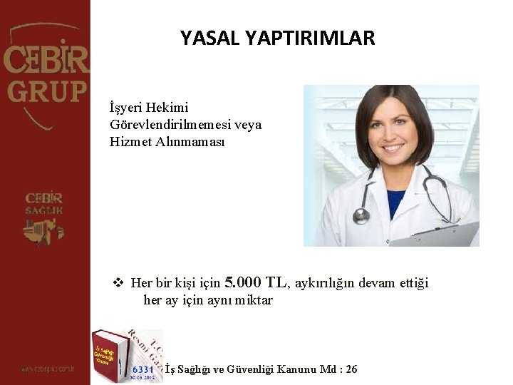 YASAL YAPTIRIMLAR İşyeri Hekimi Görevlendirilmemesi veya Hizmet Alınmaması v Her bir kişi için 5.