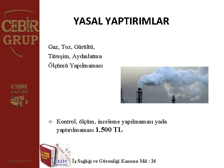 YASAL YAPTIRIMLAR Gaz, Toz, Gürültü, Titreşim, Aydınlatma Ölçümü Yapılmaması v Kontrol, ölçüm, inceleme yapılmaması YASAL YAPTIRIMLAR Gaz, Toz, Gürültü, Titreşim, Aydınlatma Ölçümü Yapılmaması v Kontrol, ölçüm, inceleme yapılmaması