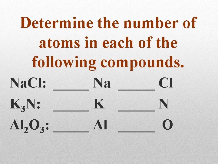 Determine the number of atoms in each of the following compounds. Na. Cl: _____