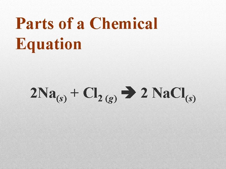 Parts of a Chemical Equation 2 Na(s) + Cl 2 (g) 2 Na. Cl(s)